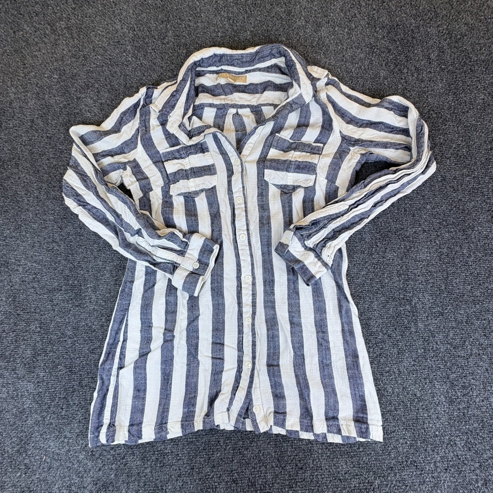 Hope & Harlow Shirt Dress Womens 8 Petite White Blue Striped Pocket Button Front